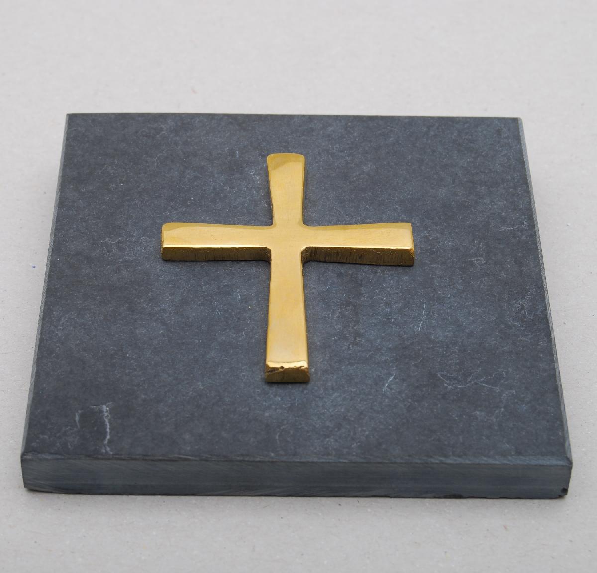 Copper cross on a grey slate 10cm - Croix cuivre sur ardoise grise